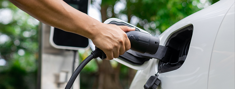 Focus hand insert progressive EV charger plug to EV car with blur background.